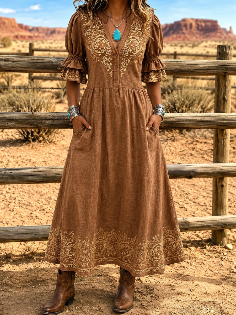 Women's Retro Art Print Washed Cotton Lace Patchwork Midi Dress